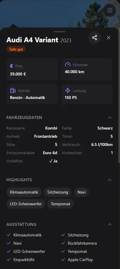 Swipecar Fahrzeugdetails